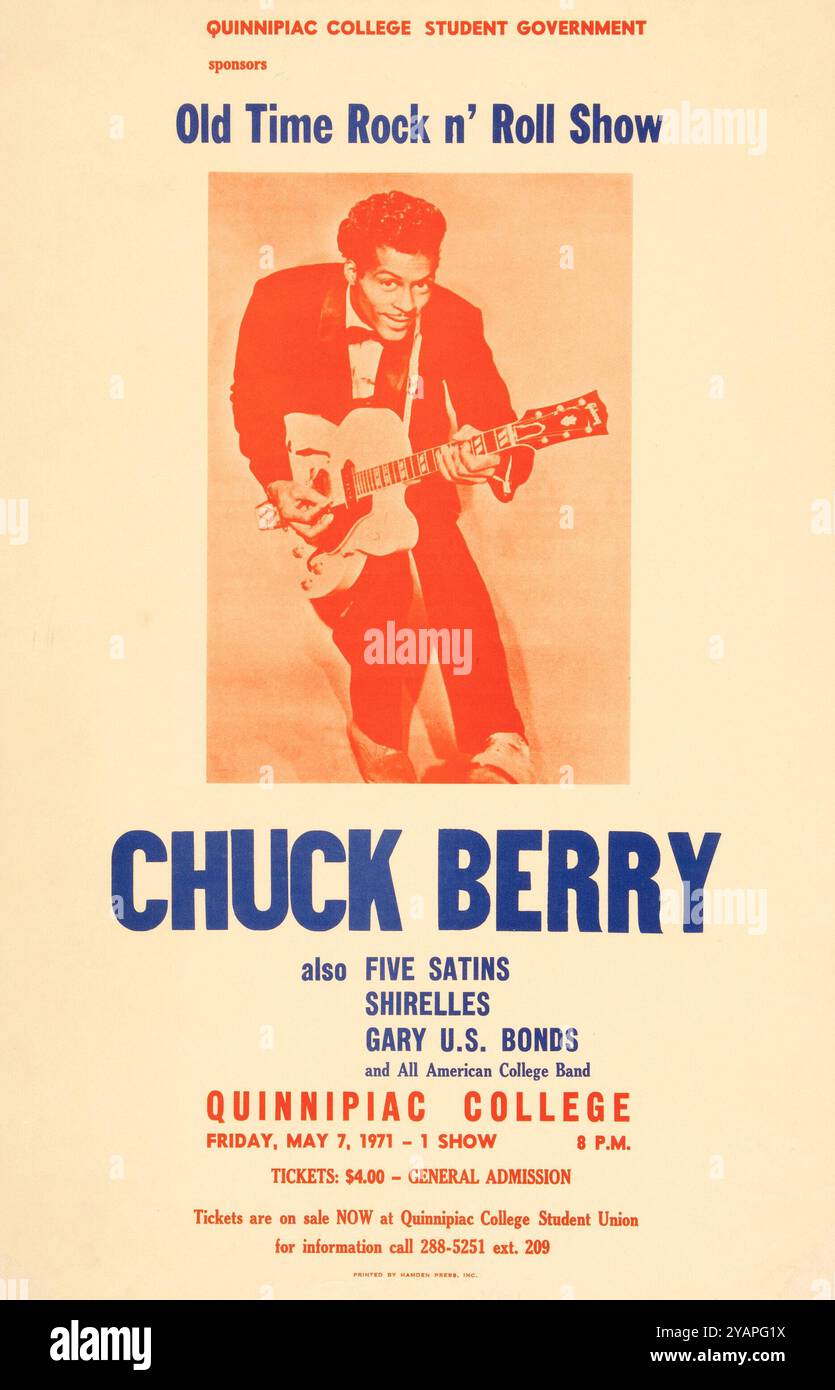 Chuck Berry, Five Satins, Shirelles, Gary U.S. Bonds - 1971 Quinnipiac College, Hamden, Connecticut, Vintage Concert Poster Stockfoto