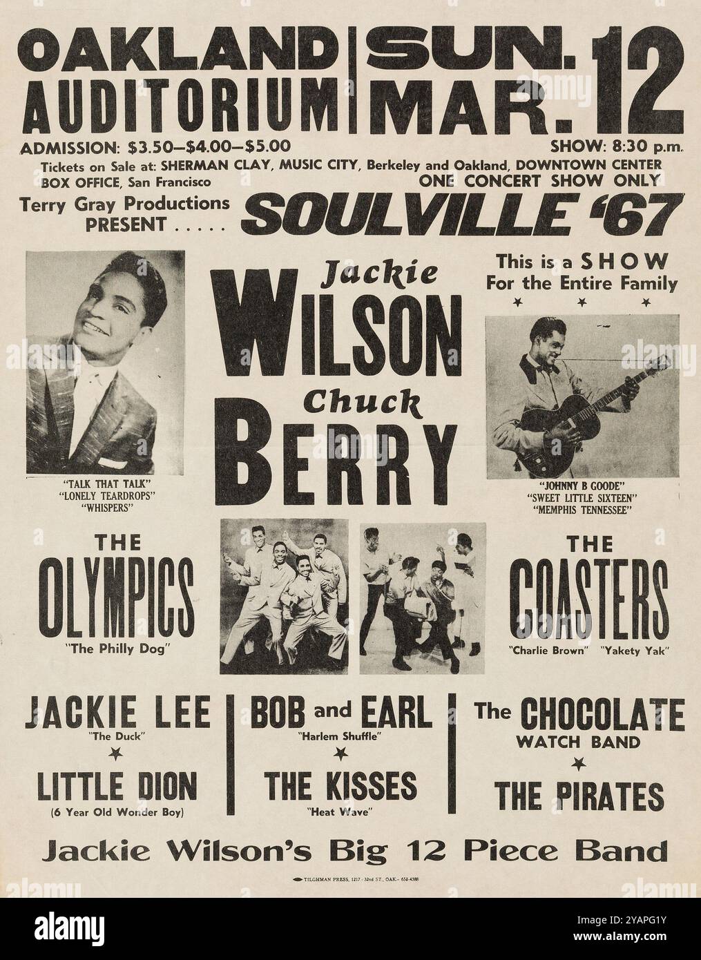 Chuck Berry, Jackie Wilson, Coasters & Olympics - 1967 Concert Handbill - Flyer für Soulville '67 - Oakland Auditorium, Kalifornien Stockfoto