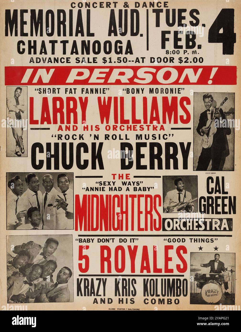 Chuck Berry, Larry Williams, Midnighters, Cal Green, 5 Royales, Krazy Kris Kolumbo, 1958 Rock & Roll : Doo-Wop Concert Poster Stockfoto