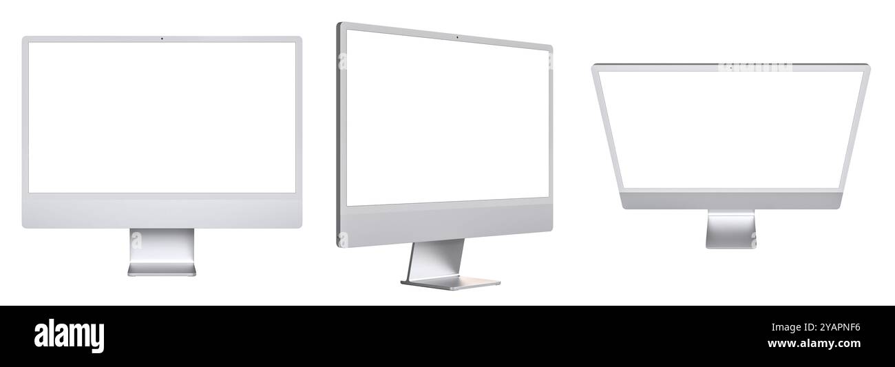 Silberne Monitore leere Bildschirme verschiedene Winkel isolierter weißer Hintergrund Stockfoto