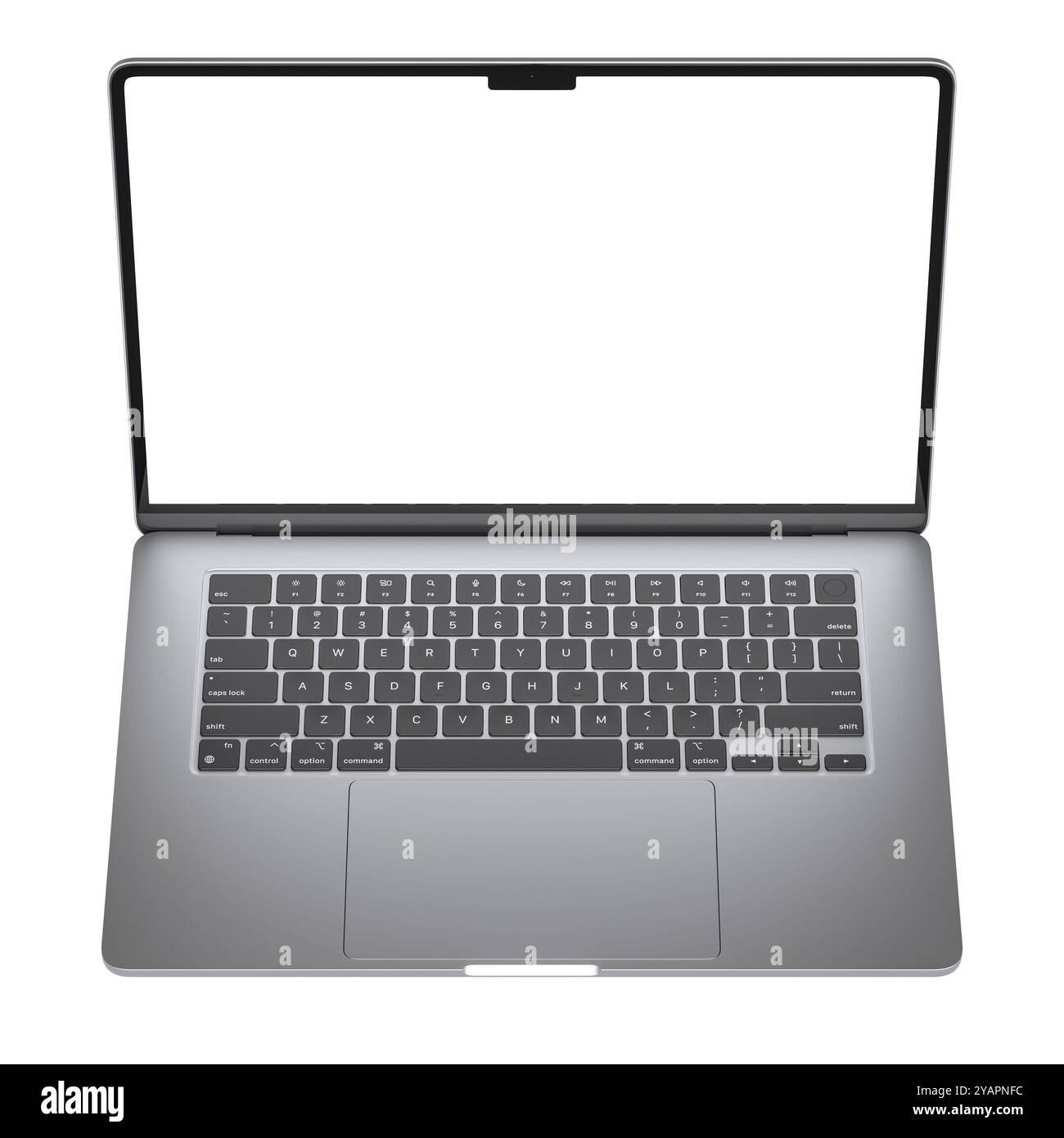Silberner Laptop leerer Bildschirm isoliert auf weißem Hintergrund 3d Stockfoto
