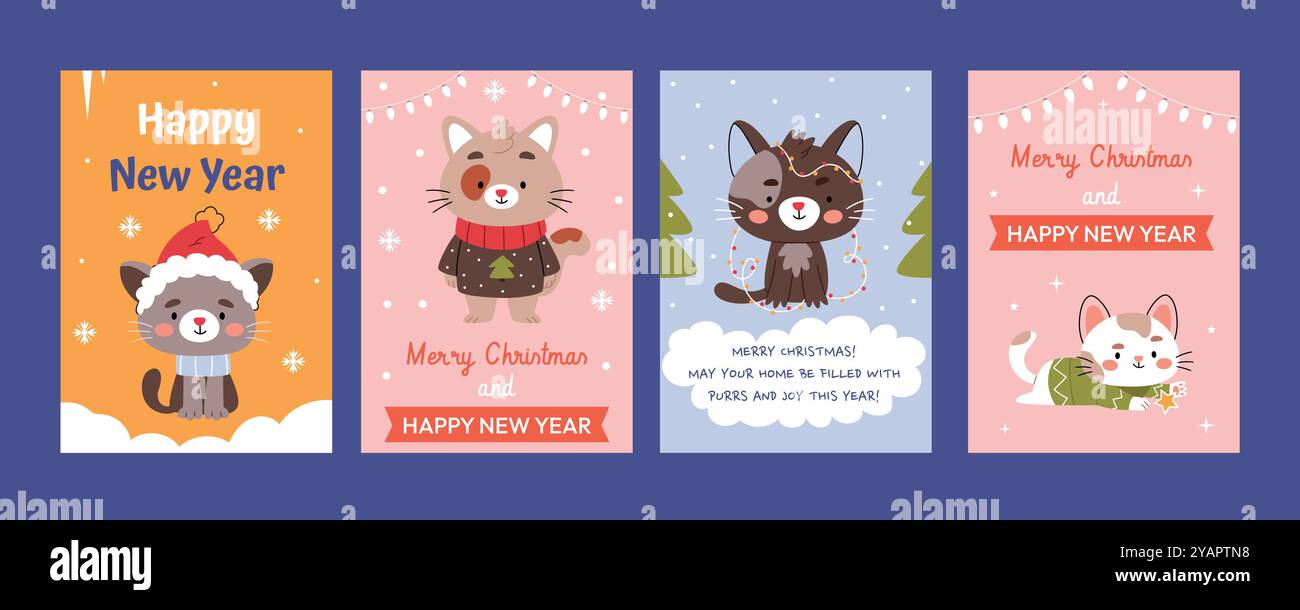 Ein Set Weihnachtskarten und Poster mit lustigen Katzen. Neujahrstexte und Grüße. Stock Vektor