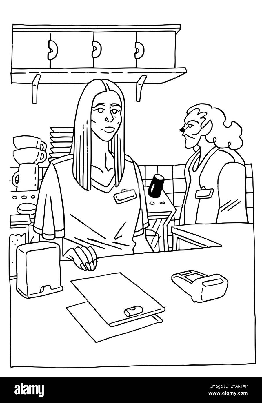 Eine junge Kassiererin in einem Restaurant oder einem Fast-Food-Laden mit einem Kollegen auf dem Rücken. Schwarzweißkontur. Vektor; inspiriert von Stockfoto