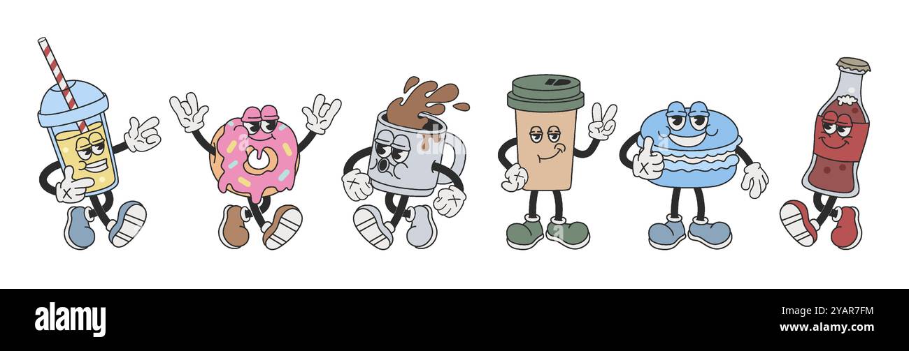 Lustiges Set mit groovigen Cartoon-Charakteren aus Café, Drinks und Desserts im Stil der 30er Jahre Stock Vektor