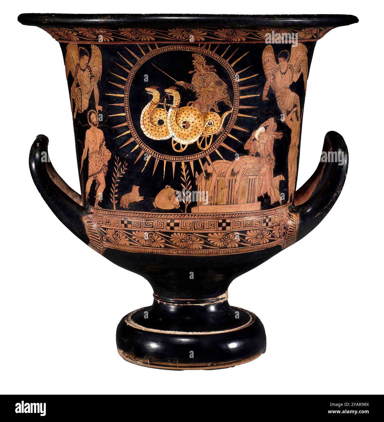Rotfigurenkrater (Mischgefäß): Medea im Wagen (A); Telephos mit Babyoberflächen (B) ca. 400 v. Chr. bei dem Policoro-Maler (Süditalienisch, lukanisch, aktiv ca. 400 v. Chr.) Süditalienisch, lukanische Keramik - Stockfoto