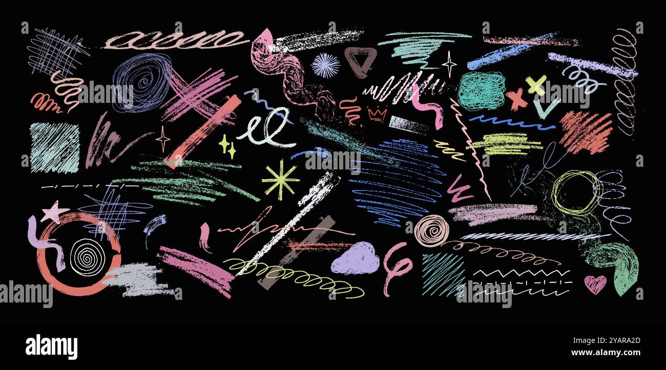 Pastellfarben Grafikbox, Grunge Pen Scribbles. Gezeichnete Kritzeleien Stock Vektor