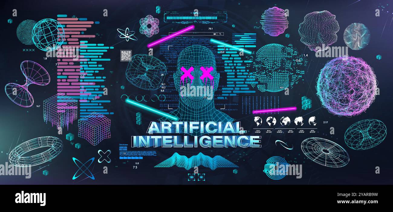 Holographische KI im humanoiden Kopf. Futuristische Visualisierung Künstliche Intelligenz. 3D-Cyberpunk-Vektor Stock Vektor