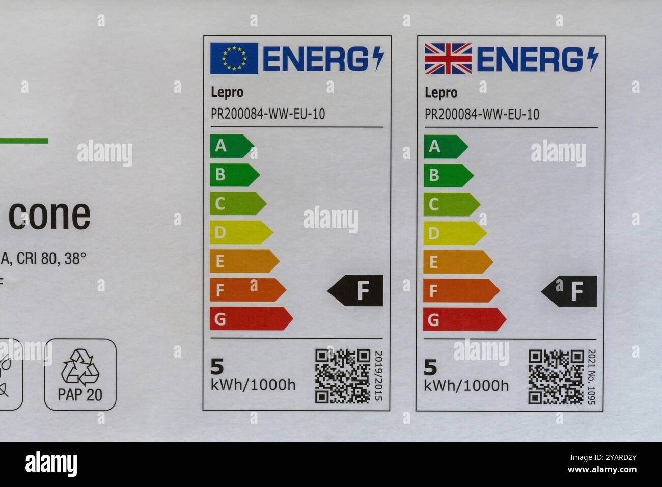 Energieeinstufung – Informationen auf Box mit Lepro GU10 LED-Lampen Glühlampen F-Klasse F – Energieeintrag für Beleuchtung Stockfoto