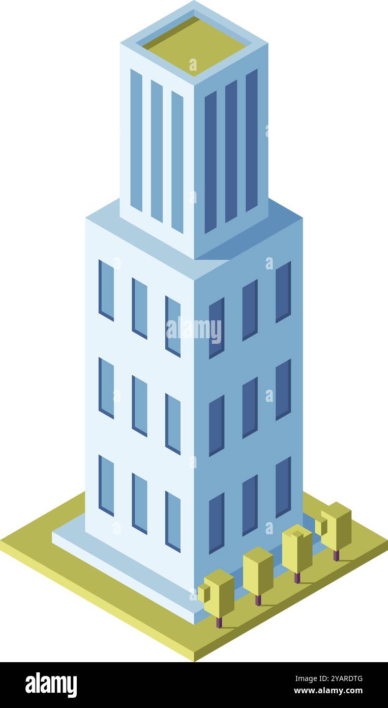 Das moderne Bürogebäude in einer Stadt, umgeben von Bäumen, bietet eine elegante Architektur, die sich mit der urbanen Landschaft verbindet. Das Hochhaus symbolisiert Stock Vektor