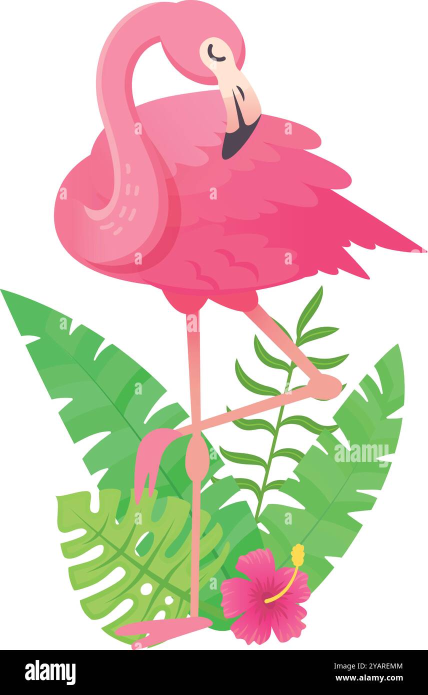 Rosa Flamingo steht auf einem Bein, umgeben von üppigem tropischem Laub, einschließlich Palmblättern und einer Hibiskusblüte Stock Vektor