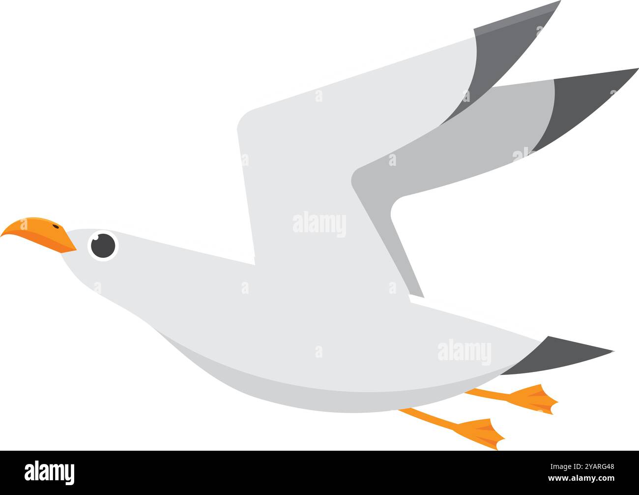 Skurrile Möwe schwingt anmutig mit gespreizten Flügeln. Weißes Gehäuse. Graue Flügelspitzen. Und leuchtend orange Schnabel und Füße Stock Vektor