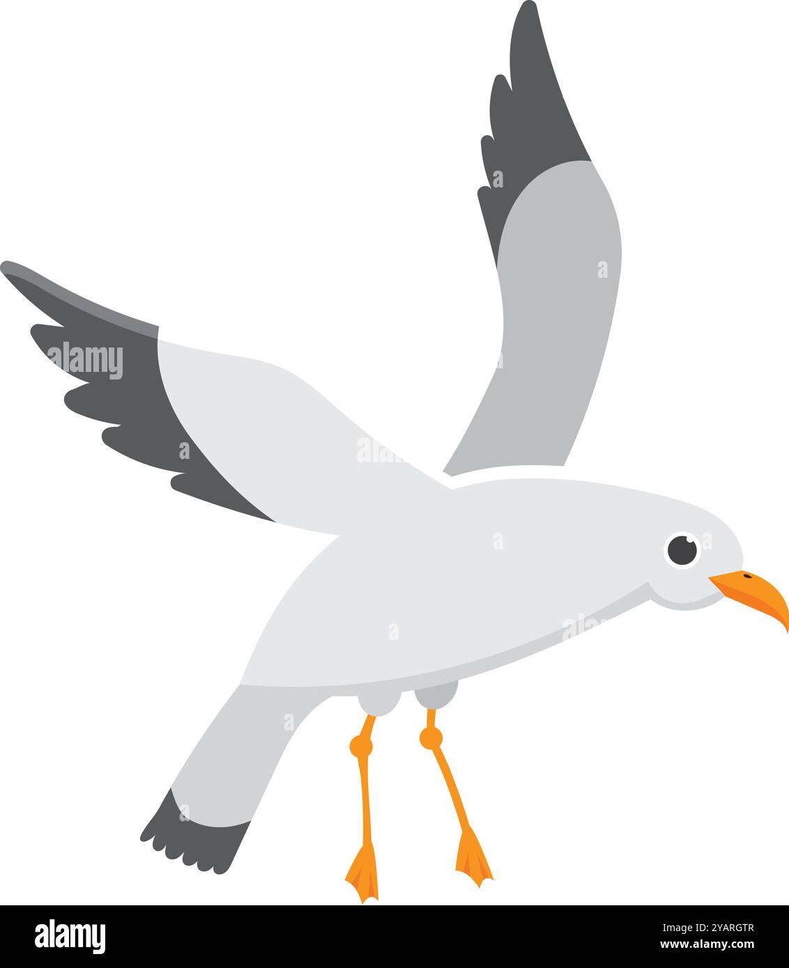 Süße Cartoon Möwe mit ausgebreiteten Flügeln, die nach einem langen Flug am Ufer landen. Perfekt für Logos oder Illustrationen, die Freiheit und Natur symbolisieren Stock Vektor