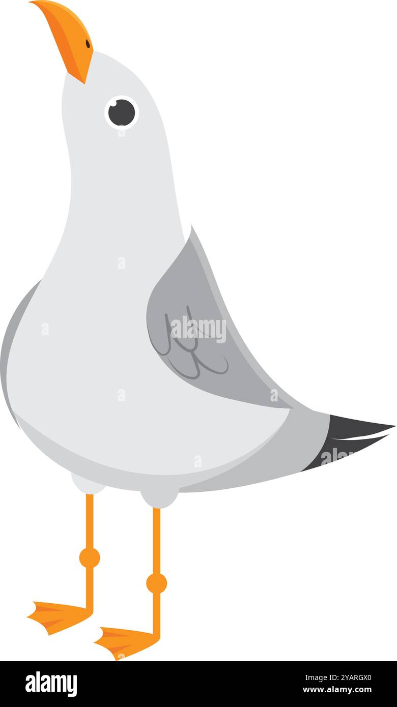 Cartoon Möwe steht mit offenem Schnabel und blickt nach oben. Diese Vogel-Illustration hat orangefarbenen Schnabel und Beine und graue und weiße Federn Stock Vektor