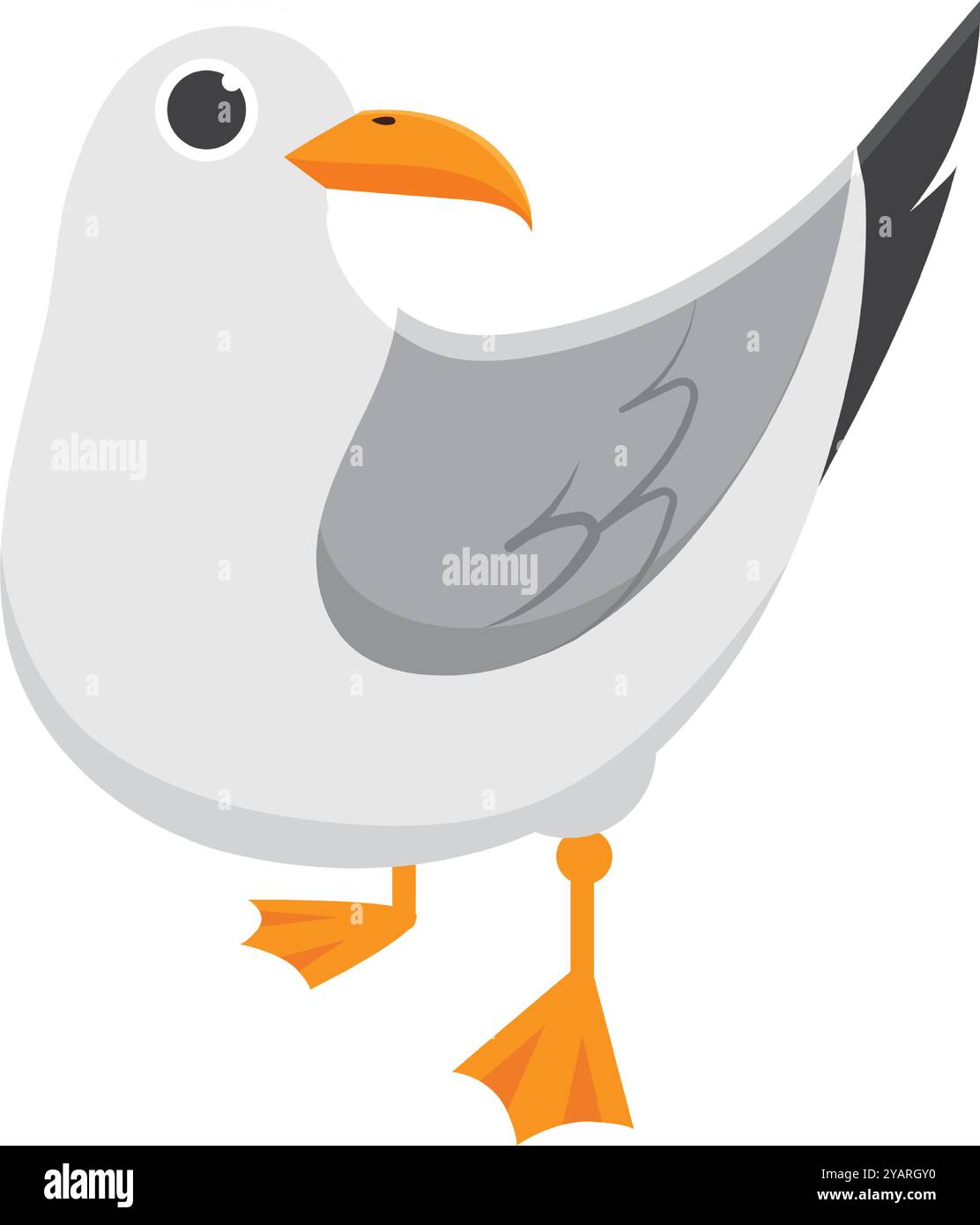Niedliche Möwe, die auf einem Bein steht, mit gefalteten Flügeln und offenem Schnabel, in weiß, Grau und Orange vor einem einfachen Hintergrund. Glücklich Stock Vektor