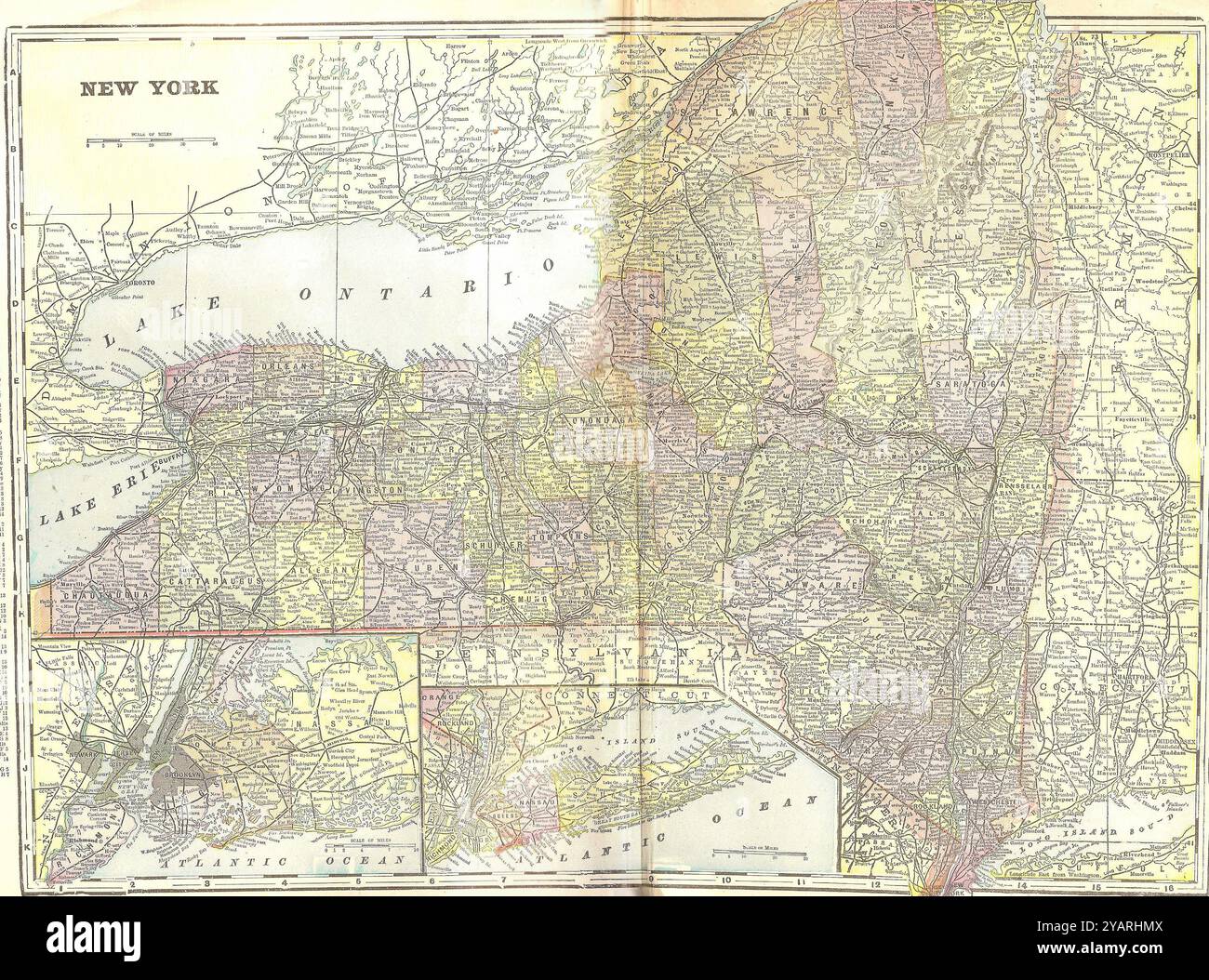 SEATTLE – 11. September 2022 – detaillierte historische Karte des Bundesstaates New york mit großen Städten, Grafschaften, Seen und angrenzenden bundesstaaten aus dem Jahr 1893 Stockfoto