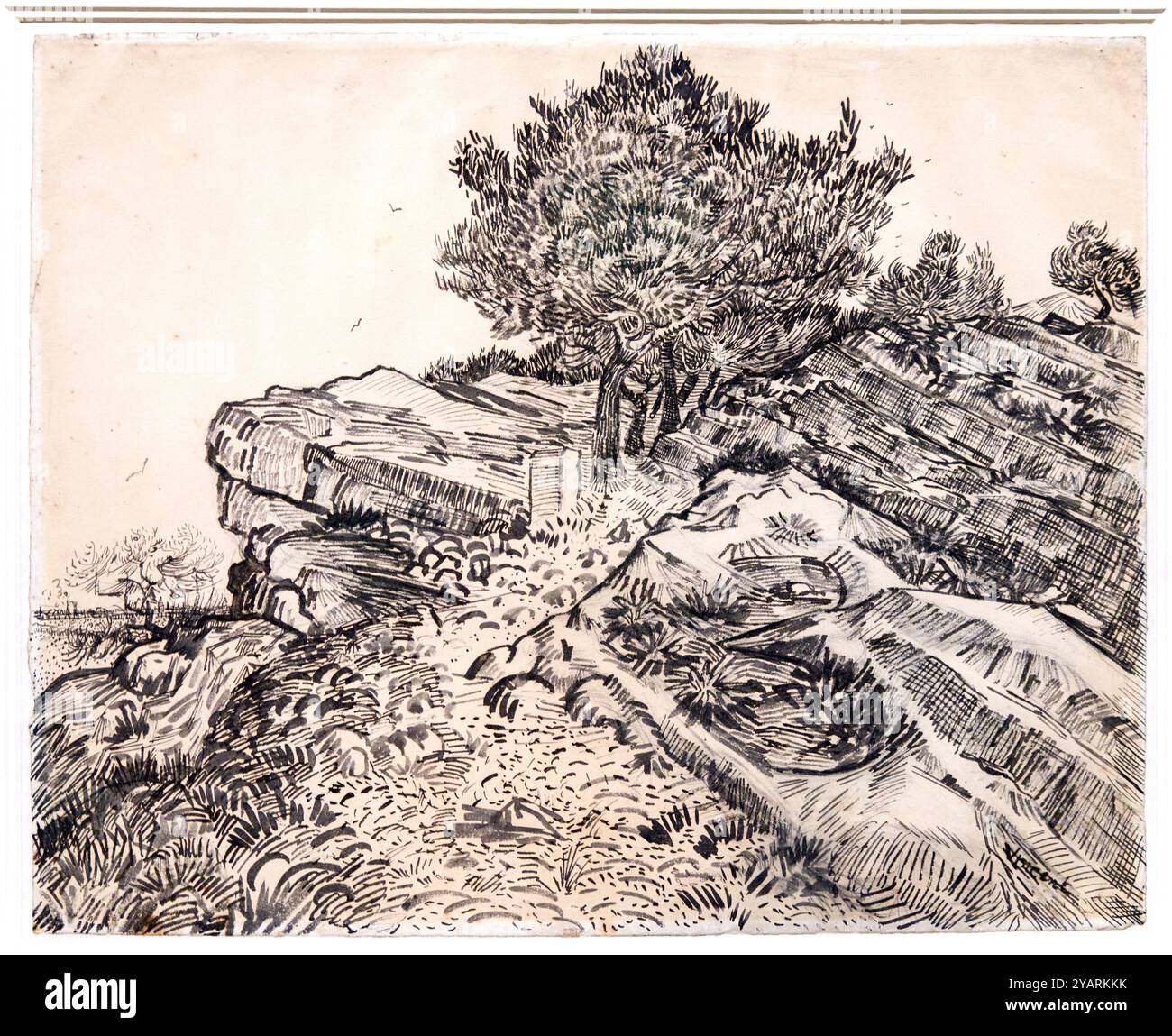 The Rock of Montmajour with Pine Trees, 1888, Vincent Van Gogh (1853-1890), Poets & Lovers Exhibition, National Gallery, London, Großbritannien Stockfoto