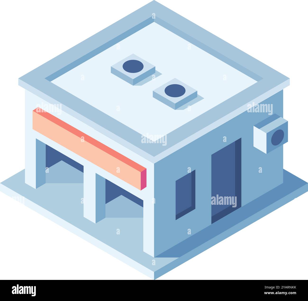 Isometrische Vektorillustration eines modernen Geschäftsgebäudes mit Garagentor, großem leeren Schild und Klimaanlagen Stock Vektor