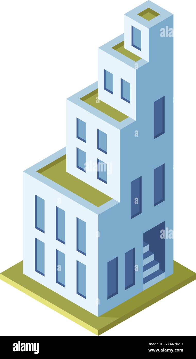 Diese isometrische Illustration zeigt ein modernes Gebäude mit begrünten Dächern, das die Prinzipien einer nachhaltigen und umweltfreundlichen Architektur verkörpert Stock Vektor