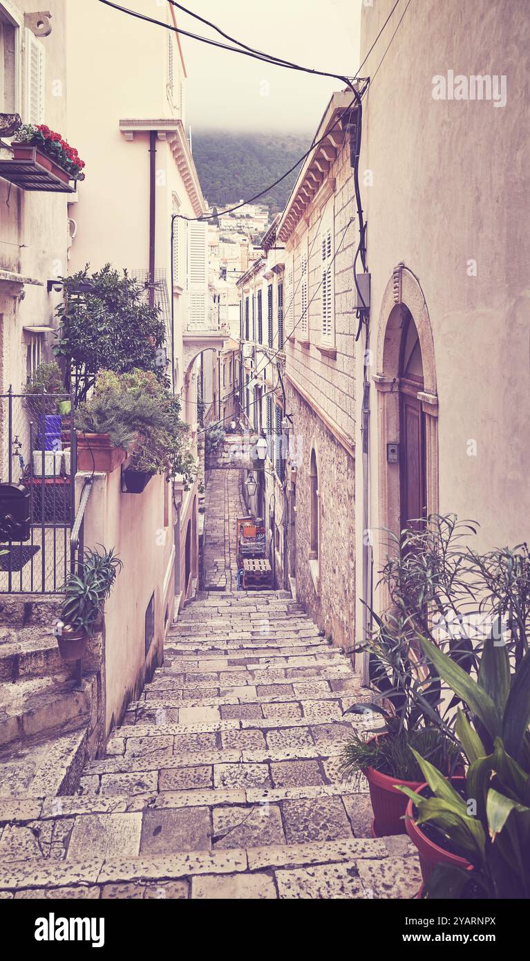 Eine enge Straße in der Altstadt von Dubrovnik, Farbton angewendet, Kroatien. Stockfoto