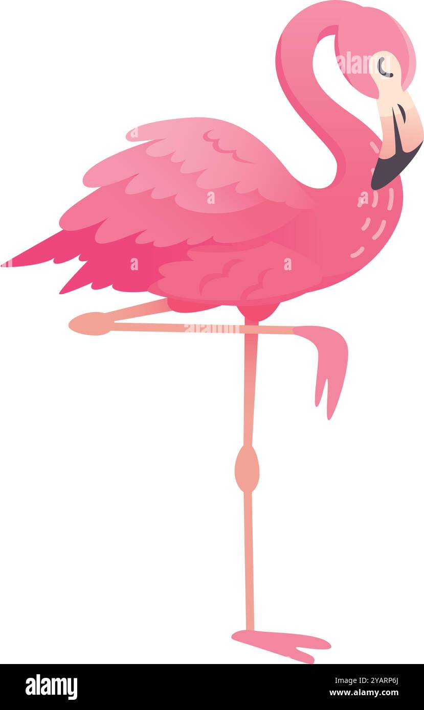 Rosafarbener Flamingo steht auf einem Bein, dessen Hals in einer eleganten S-Form geschwungen ist. Sein Gefieder ist in einem wunderschönen Rosa-Ton Stock Vektor