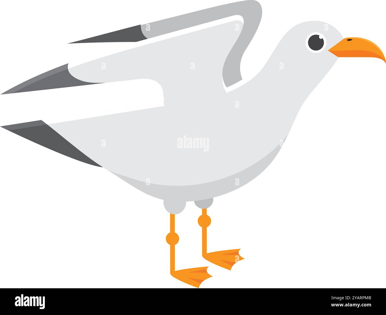 Die Möwe steht mit ihren gefalteten Flügeln und zeigt ihre elegante Haltung und ihre unverwechselbaren Merkmale. Ihr weißes Gefieder, der orangefarbene Schnabel und die Füße mit Websteinen Stock Vektor