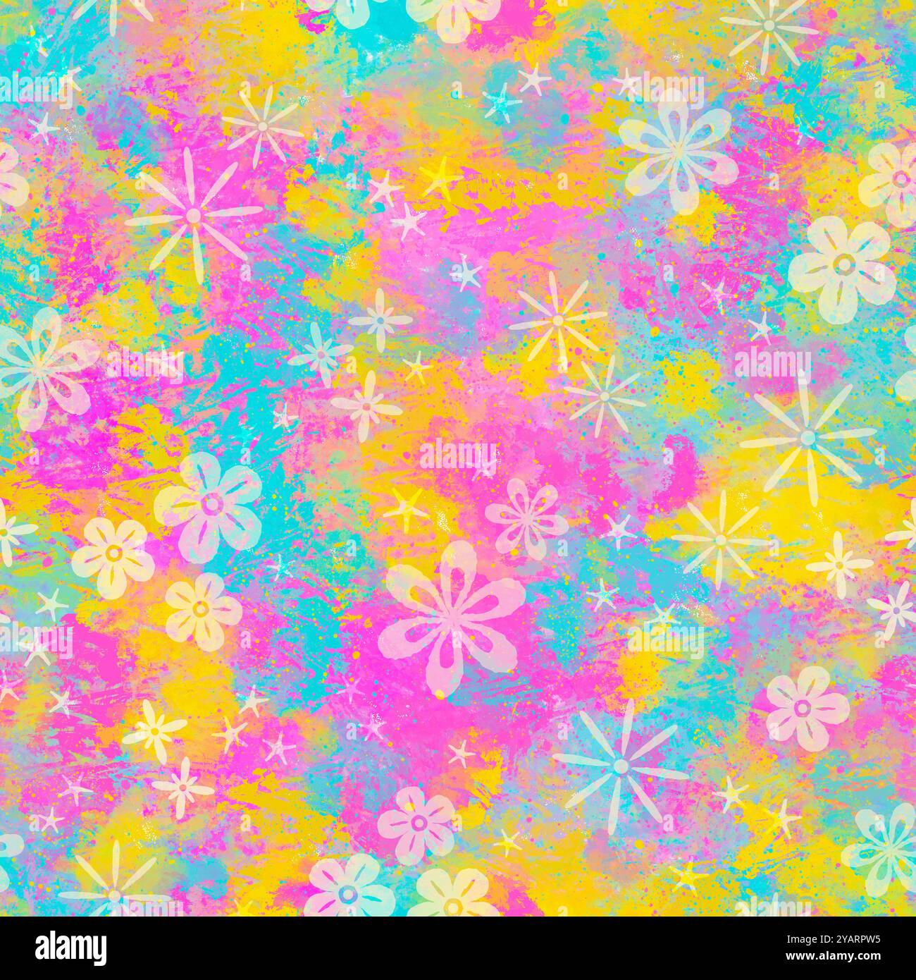 Nahtloses Muster aus bunten Spritzern und kleinen Blumen. Hintergrund des Holi Festivals. Stockfoto