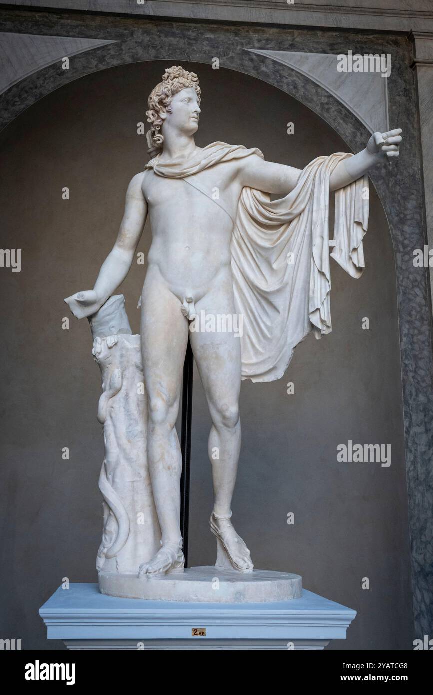 Vatikanstadt, Vatikan. Oktober 2024. Die Marmorstatue von „Apollo del Belvedere“ kehrt nach ihrer Restaurierung im Vatikanischen Museum wieder zu sehen. Die Statue, die 1489 in Rom auf dem Viminale-Hügel entdeckt wurde, wurde zwischen 1508 und 1509 auf Geheiß von Papst Julius II. In den Vatikan gebracht, der den Statuenhof in Belvedere mit einem zusammengesetzten ikonographischen Programm errichtete, das sich auf die mythischen Ursprünge des antiken Roms konzentrierte. (Foto: Stefano Costantino/SOPA Images/SIPA USA) Credit: SIPA USA/Alamy Live News Stockfoto