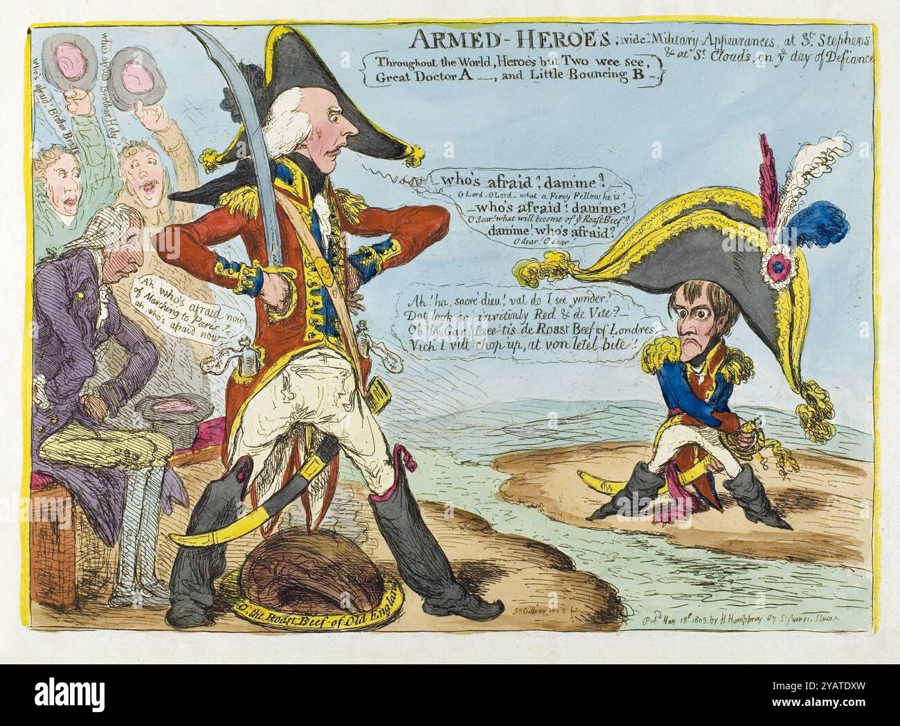 Ein gedruckter Farbstich von Armed Heroes Aquarellätzung auf Papier im 19. Jahrhundert, erstellt von James Gillray antike Printkunst Kunstwerk menschliche Karikaturen, satirische Printdruck politische Zeichentrickgrafik, anglo französische Beziehungen Stockfoto