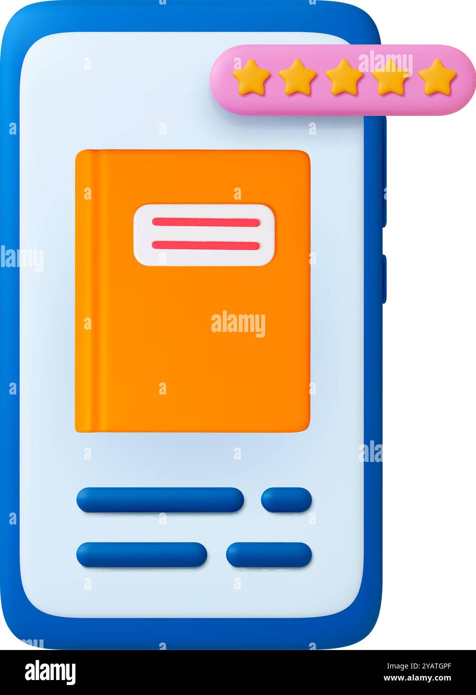 3D Online-Buchrezension 3D-Konzept. Realistisches Smartphone mit E-Book auf dem Bildschirm und Sternskala. Sterne, die in einer digitalen Bibliothek oder einem Geschäft bewertet werden, Vektorelemente Stock Vektor