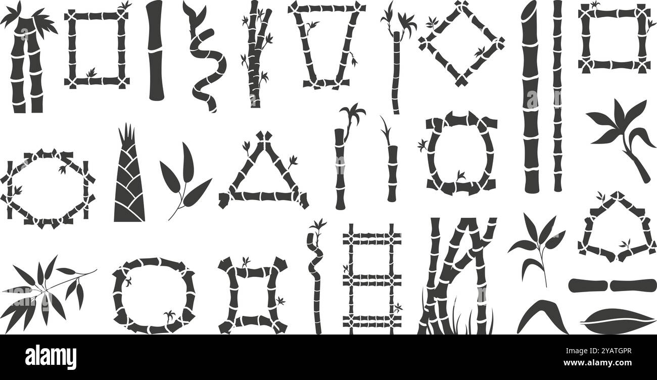 Bambus-Silhouetten. Asiatische Pflanzen stielen Blätter, Naturelemente schwarze Ikonen. Isolierte dekorative chinesische japanische Pflanzen, neoterische Vektorsatz Stock Vektor