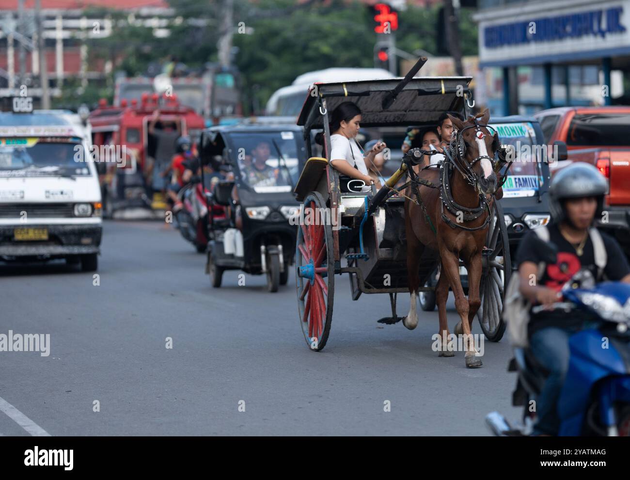 Ein traditionelles Pferd und eine Kutsche, bekannt als Kalesa. Diese ...