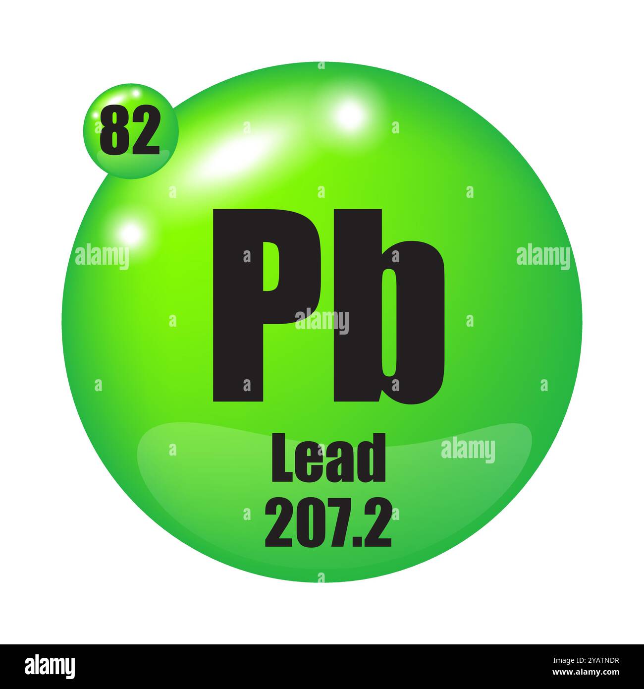 Ableitungssymbol. PB-chemisches Element. Atomzahl 82. Masse 207.2. Grünes Kugelbild. Vektorsymbol. Stock Vektor
