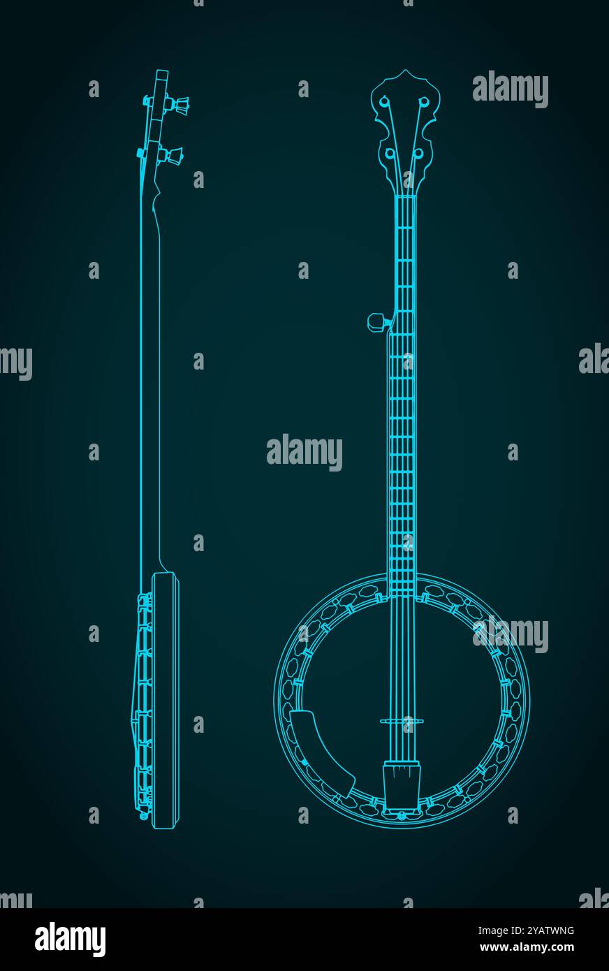 Stilisierte Vektor-Illustration von Blaupausen eines Banjos Stock Vektor