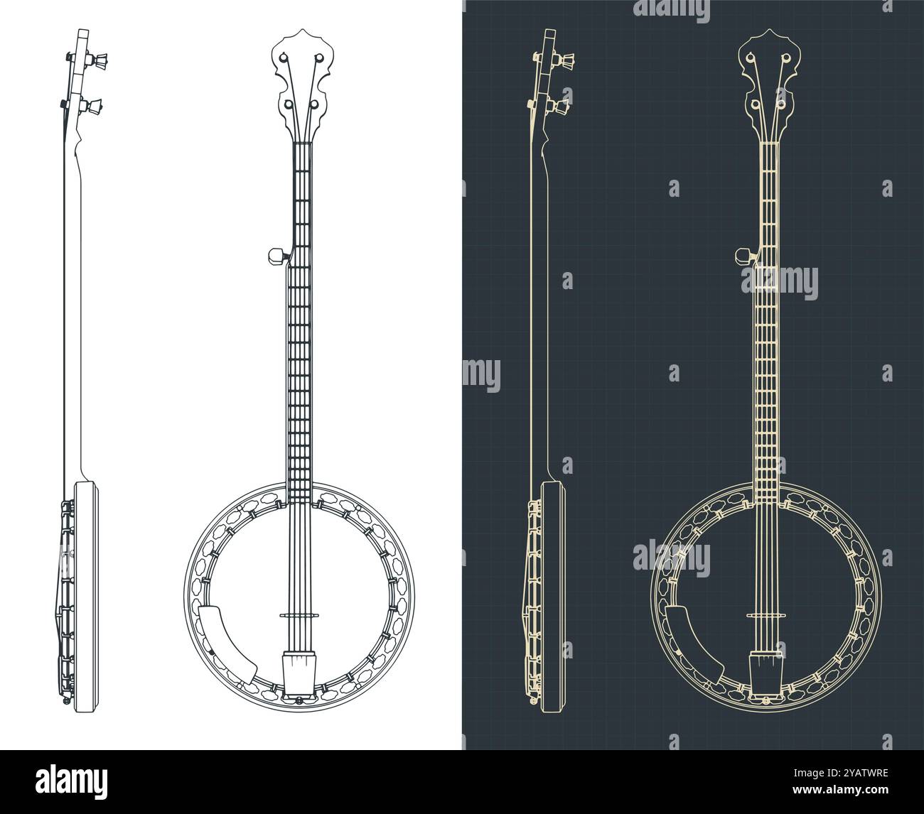 Stilisierte Vektorillustrationen von Blaupausen eines Banjos Stock Vektor