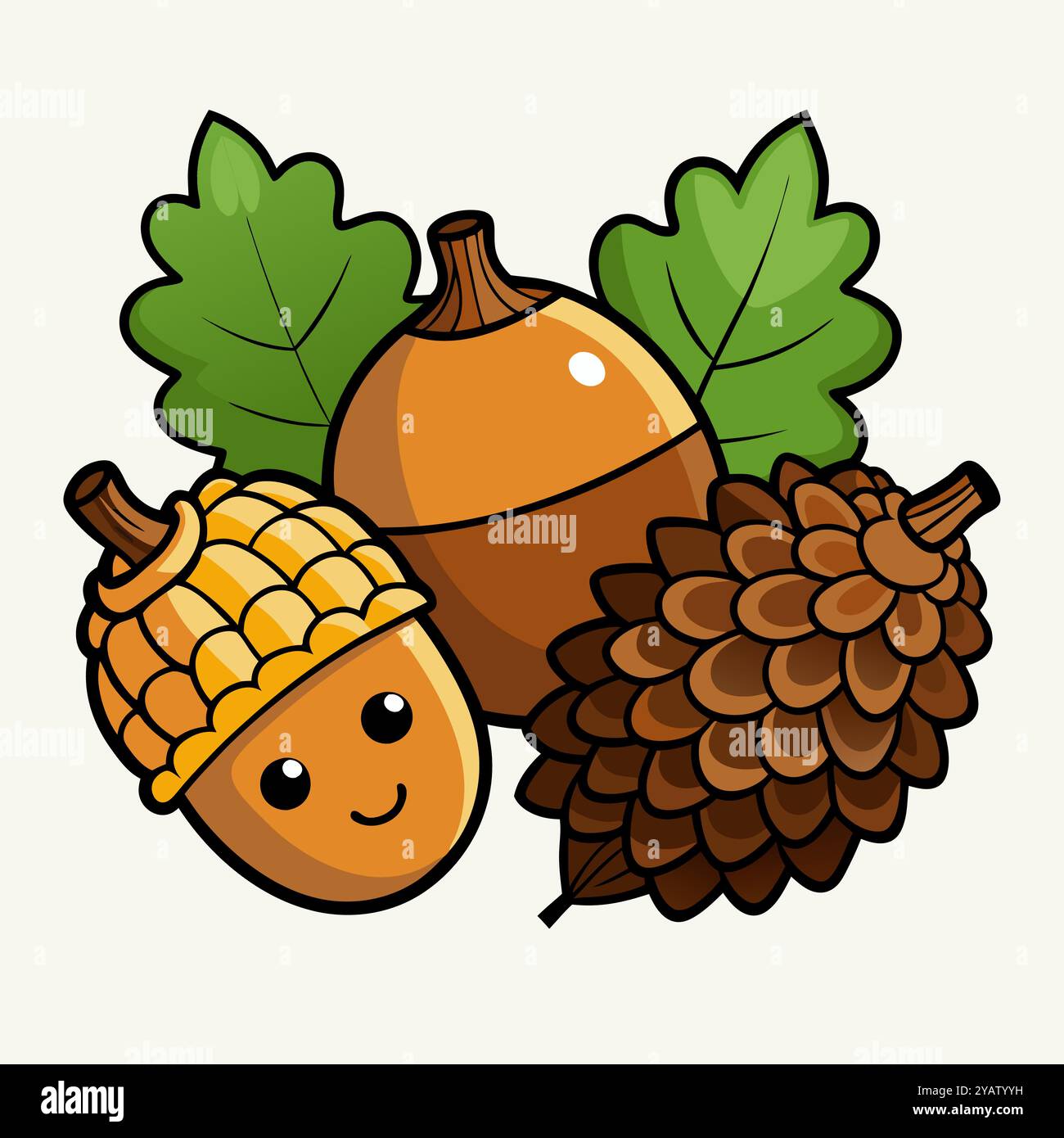 Niedliche Zeichentrickstil Herbst Eicheln und Pinecone Illustration Stock Vektor
