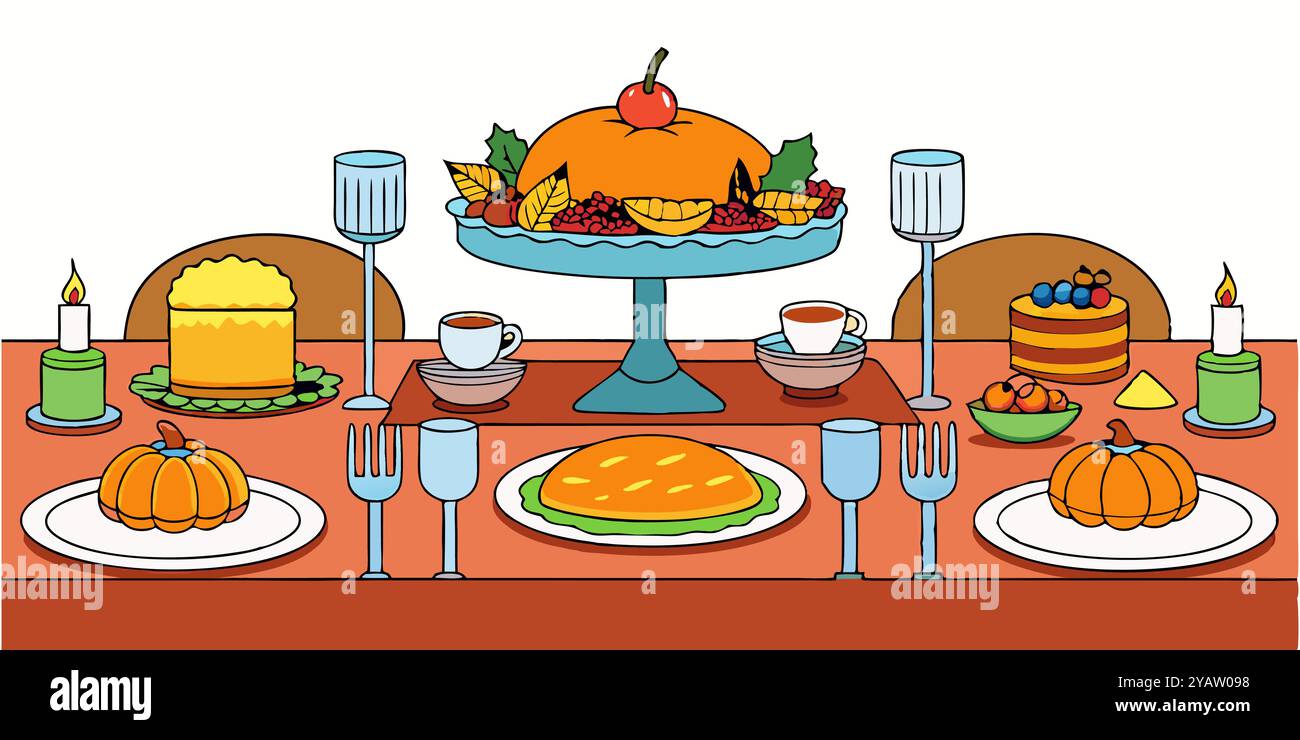 Thanksgiving-Tisch Mit Kürbis-Mittelstück. Verschiedene Desserts und elegantes Geschirr. Perfekt für die Erntezeit und den Herbst Stock Vektor