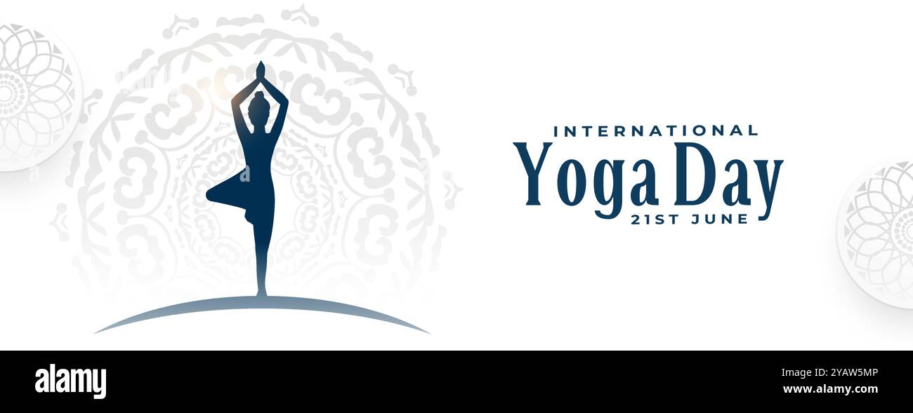 International Yoga Day White Banner Frau in surya namaskar Haltungsvektor Stock Vektor