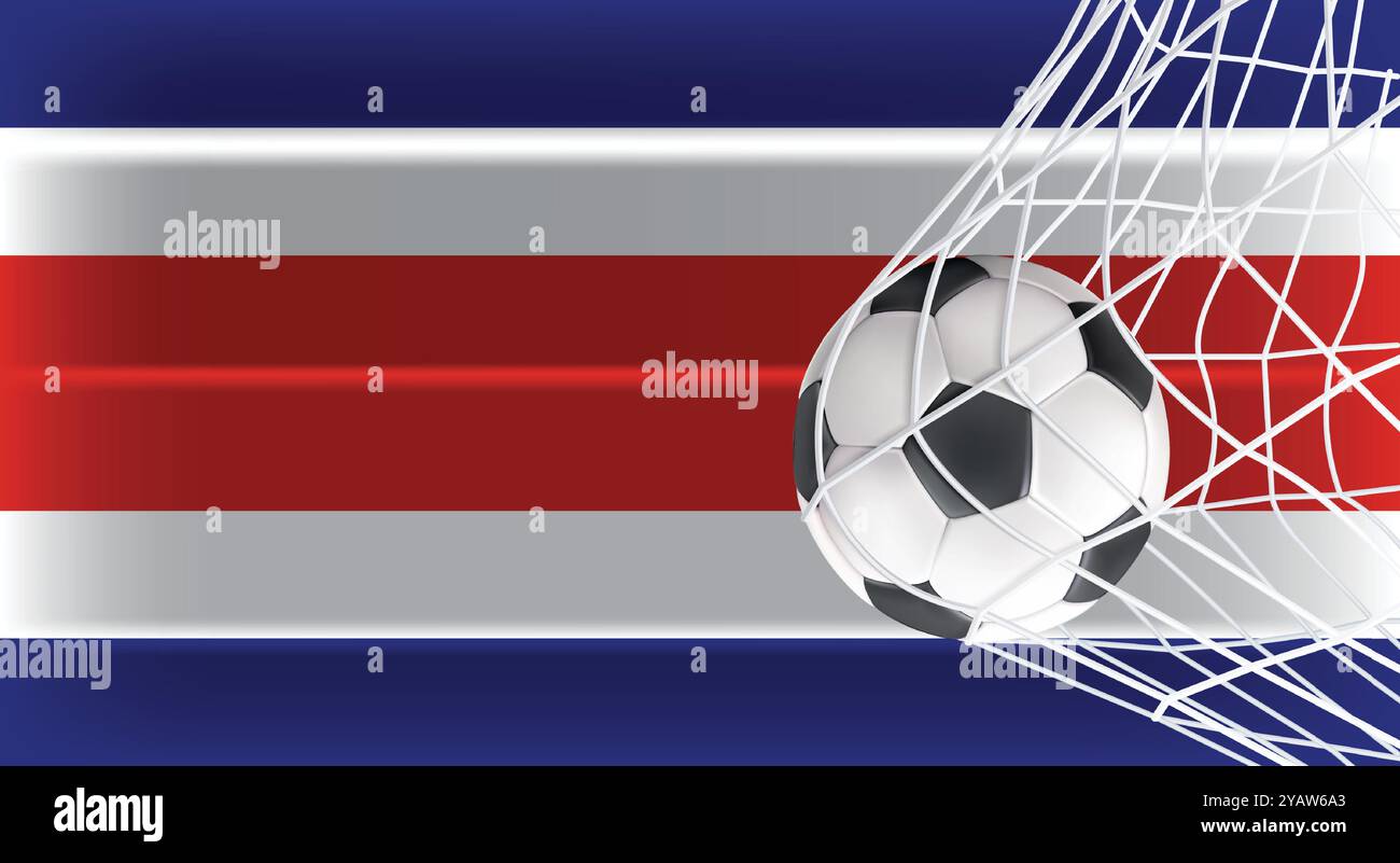 Fußball Fußball im Goal Net isoliert auf Costa Rica schattierte Flagge, Sportzubehör für Spiel, Meisterschaft und Wettbewerb Stock Vektor
