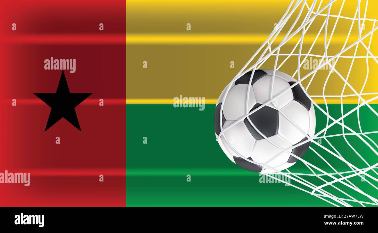 Fußball Fußball im Goal Net isoliert auf Guinea-Bissau schattierte Flagge, Sportzubehör für Spiel, Meisterschaft und Wettbewerb Stock Vektor
