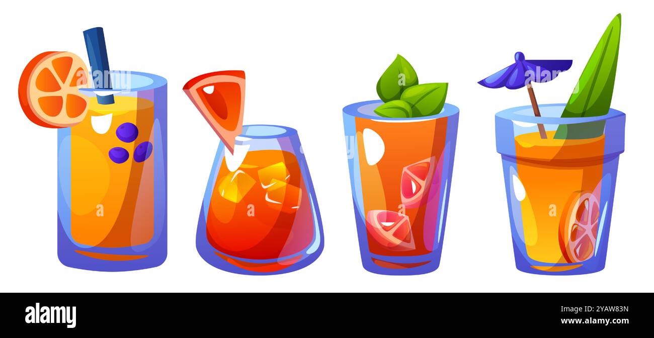 Kalter Sommer Strandparty Zitrusalkohol Cocktail und Mocktail-Getränk in Glasbecher mit Strohhalm und Sonnenschirm. Süßes Getränk mit Zitronen-, Orangen- und Grapefruitscheiben, Eiswürfeln, Beeren und Minzblatt. Stock Vektor