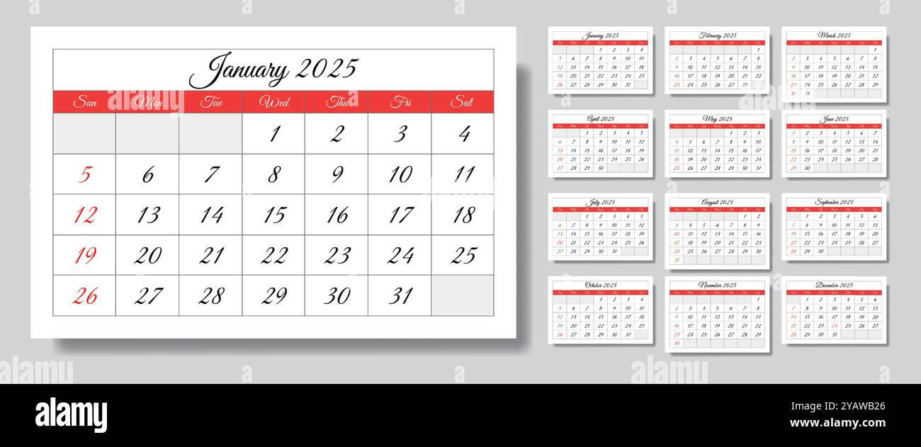 Kalender 2025. Eine Vektorsammlung englischer monatlicher Seitenkalender. Design mit handgeschriebenem Skript Stock Vektor