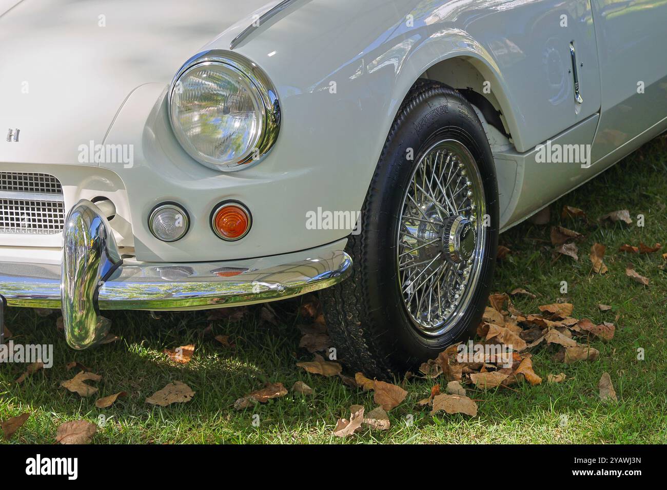 Nahaufnahme eines weißen Triumphspitfire auf dem Gras, das sein kultiges Design und Chromdetails vor dem Hintergrund fallender Herbstblätter zeigt Stockfoto