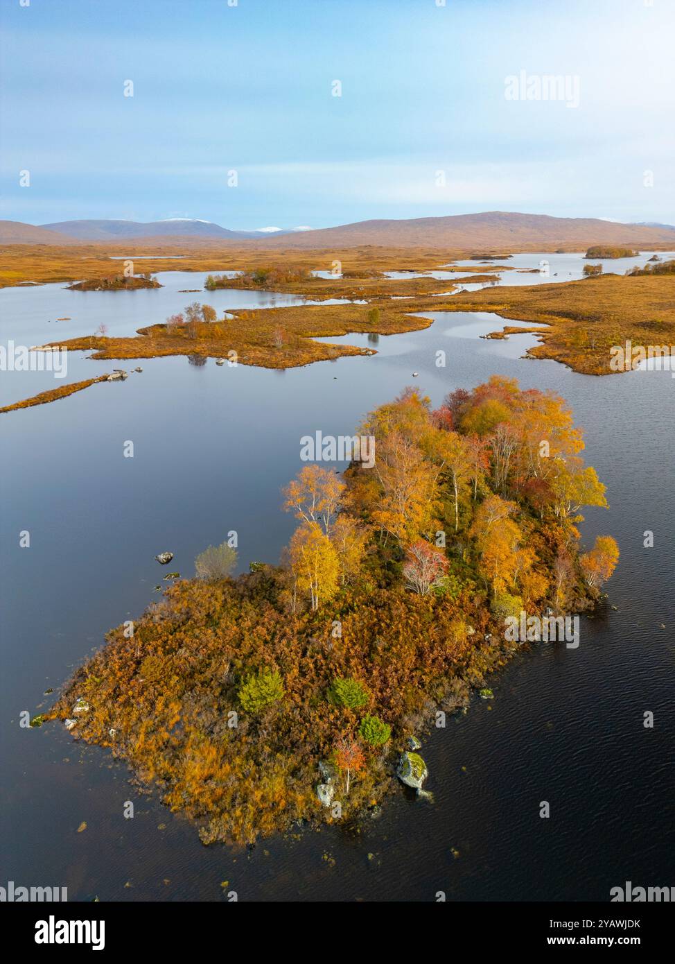 Luftaufnahme von der Drohne auf die herbstliche Landschaft der kleinen Insel und Blick auf Loch Ba im Rannoch Moor in Scottish Highlands, Schottland, Großbritannien Stockfoto