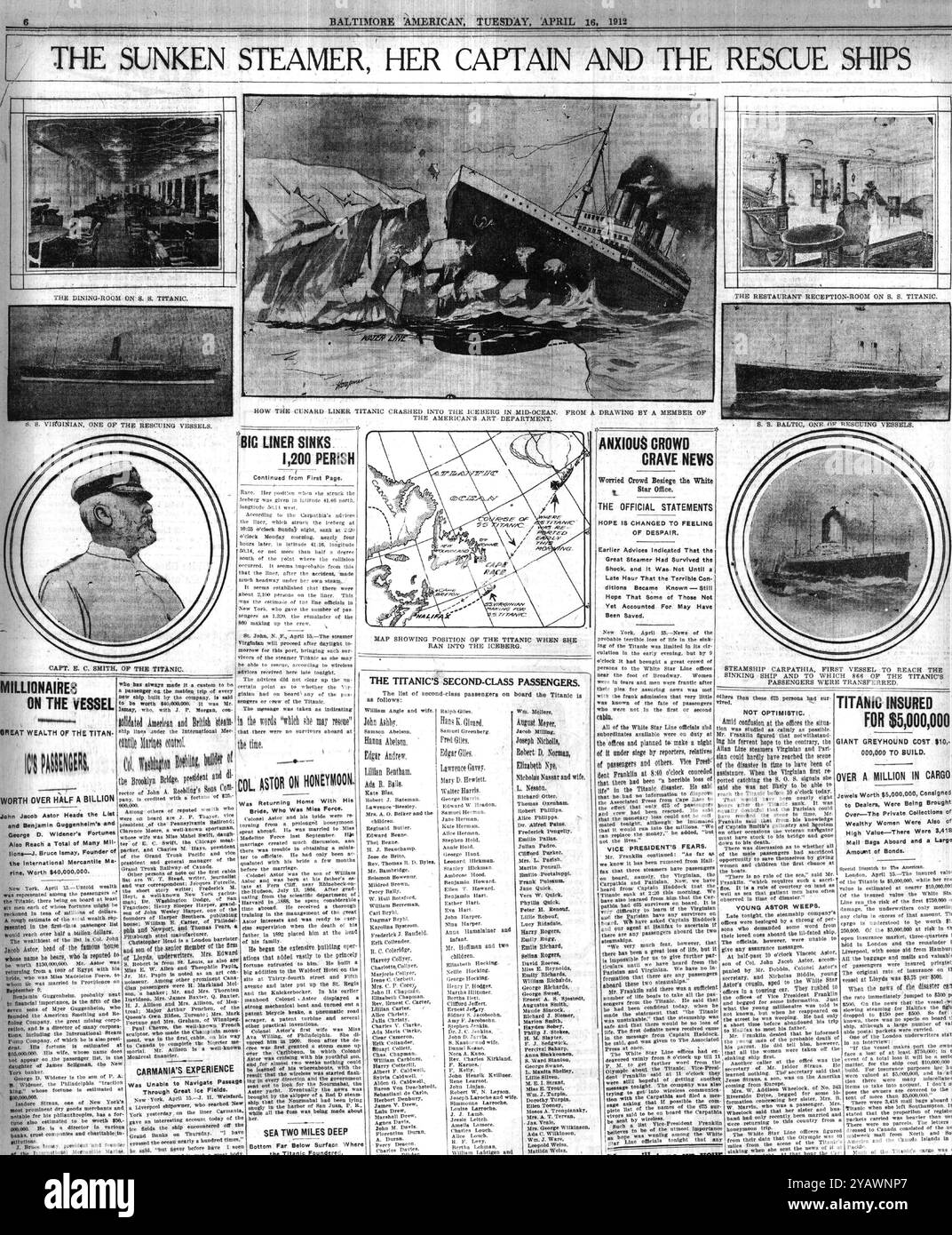Zeitungsbericht über den Untergang der Titanic im Jahre 1912 Stockfoto