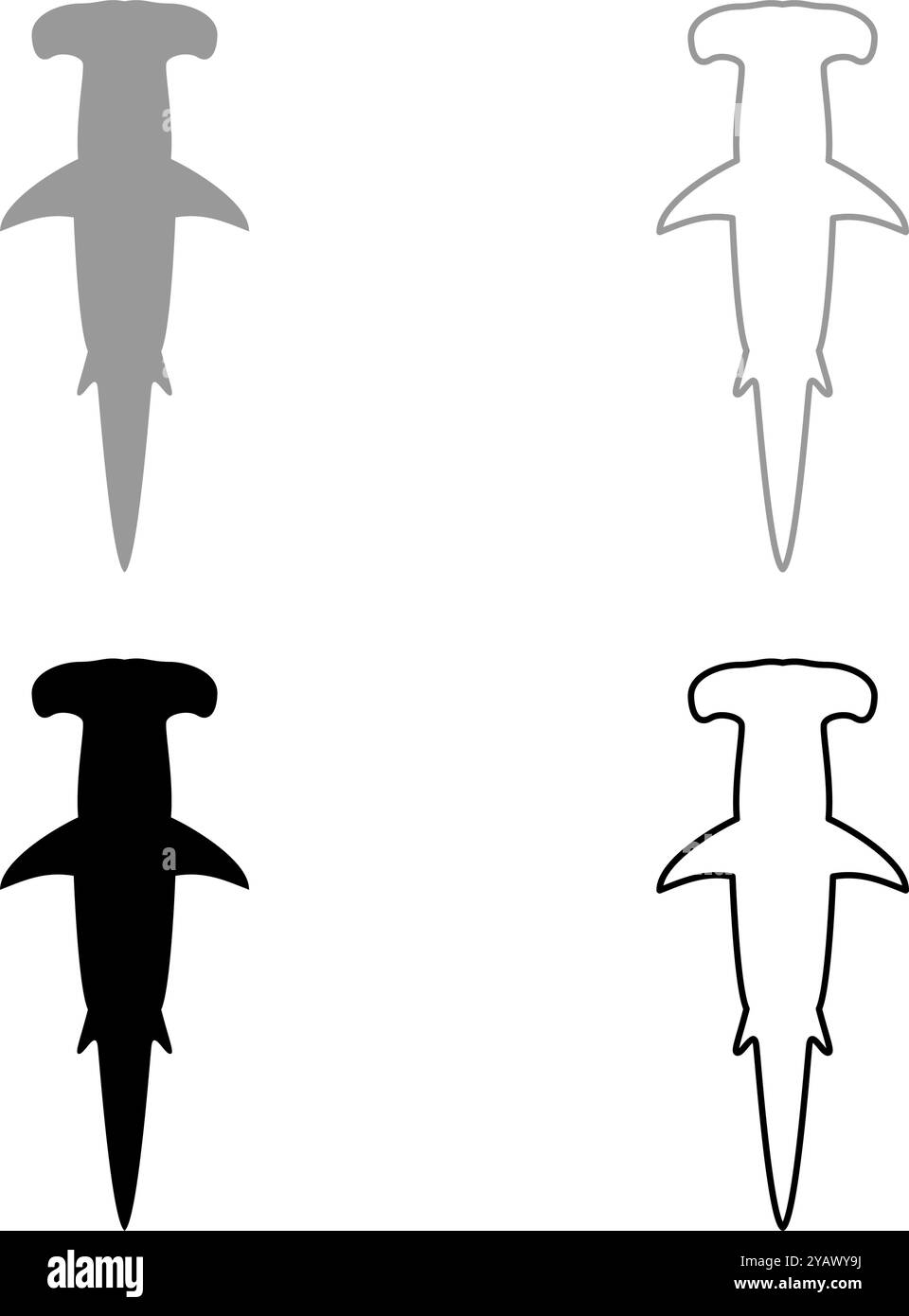 Hai Hammer Kopf Set Symbol grau schwarz Farbe Vektor Illustration Bild einfache Vollfüllung Umrisslinie dünne flache Art Stock Vektor