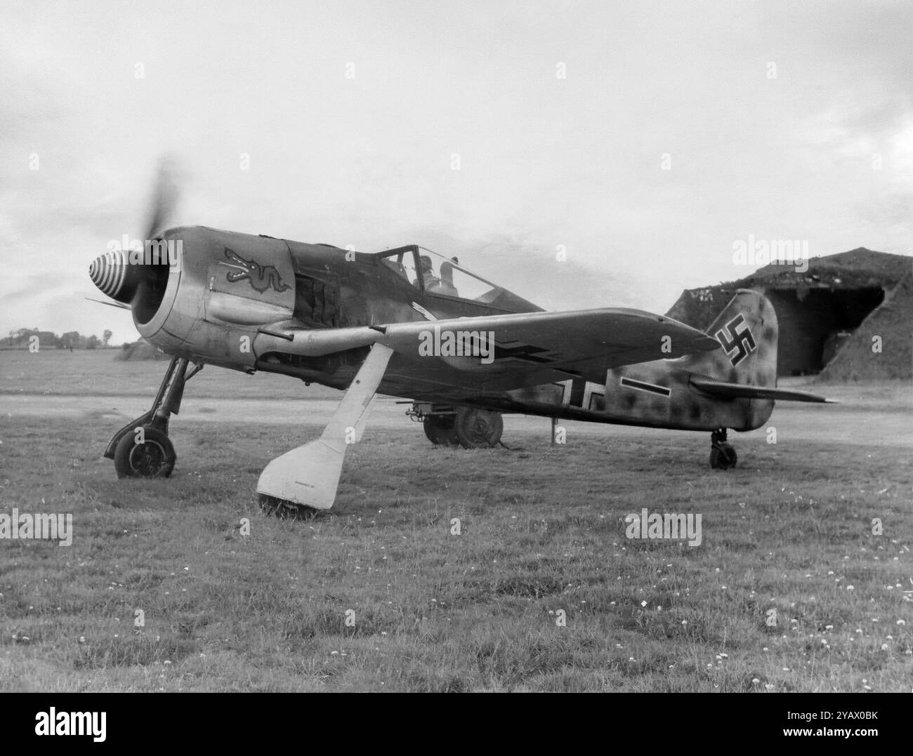 Die Focke-Wulf FW 190 war ein einsitziges, einmotoriges Kampfflugzeug, das Ende der 1930er Jahre entwickelt wurde und im Zweiten Weltkrieg weit verbreitet war. Zusammen mit ihrem bekannten Gegenstück, der Messerschmitt Bf 109, wurde die FW 190 zum Rückgrat der Jagdwaffe der Luftwaffe. Der zweireihige BMW 801 Radialmotor trieb die meisten Betriebsvarianten an und ermöglichte es dem Flugzeug, größere Lasten als die Bf 109 zu heben, was seinen Einsatz als Tages-, Jagdbomber-, Boden- und in geringerem Maße Nachtjäger ermöglichte. Stockfoto