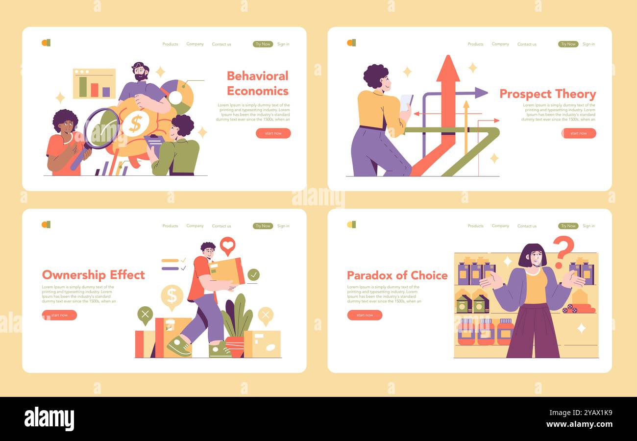 Verhaltensökonomie festgelegt. Darstellung von Konzepten, einschließlich Theorie des potenziellen Kunden, Eigentumseffekt und Paradoxon der Wahl. Informative Designs für Webseiten. Vektorabbildung. Stock Vektor