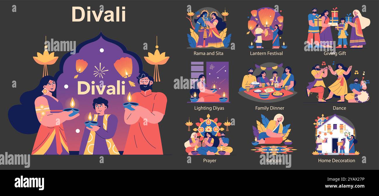 Divali Festset. Illustration der Traditionen des Hindufestes mit Menschen, die Diyas anzünden, Geschenke teilen und Familienzeit genießen. Vektorabbildung. Stock Vektor