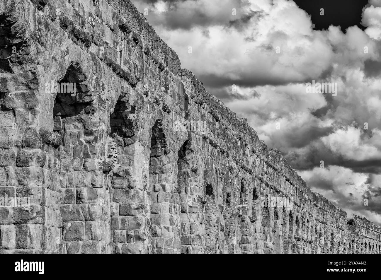 Ruinen des antiken römischen Aquädukts im öffentlichen Park von Rom mit wunderschönen Wolken (Schwarz-weiß) Stockfoto