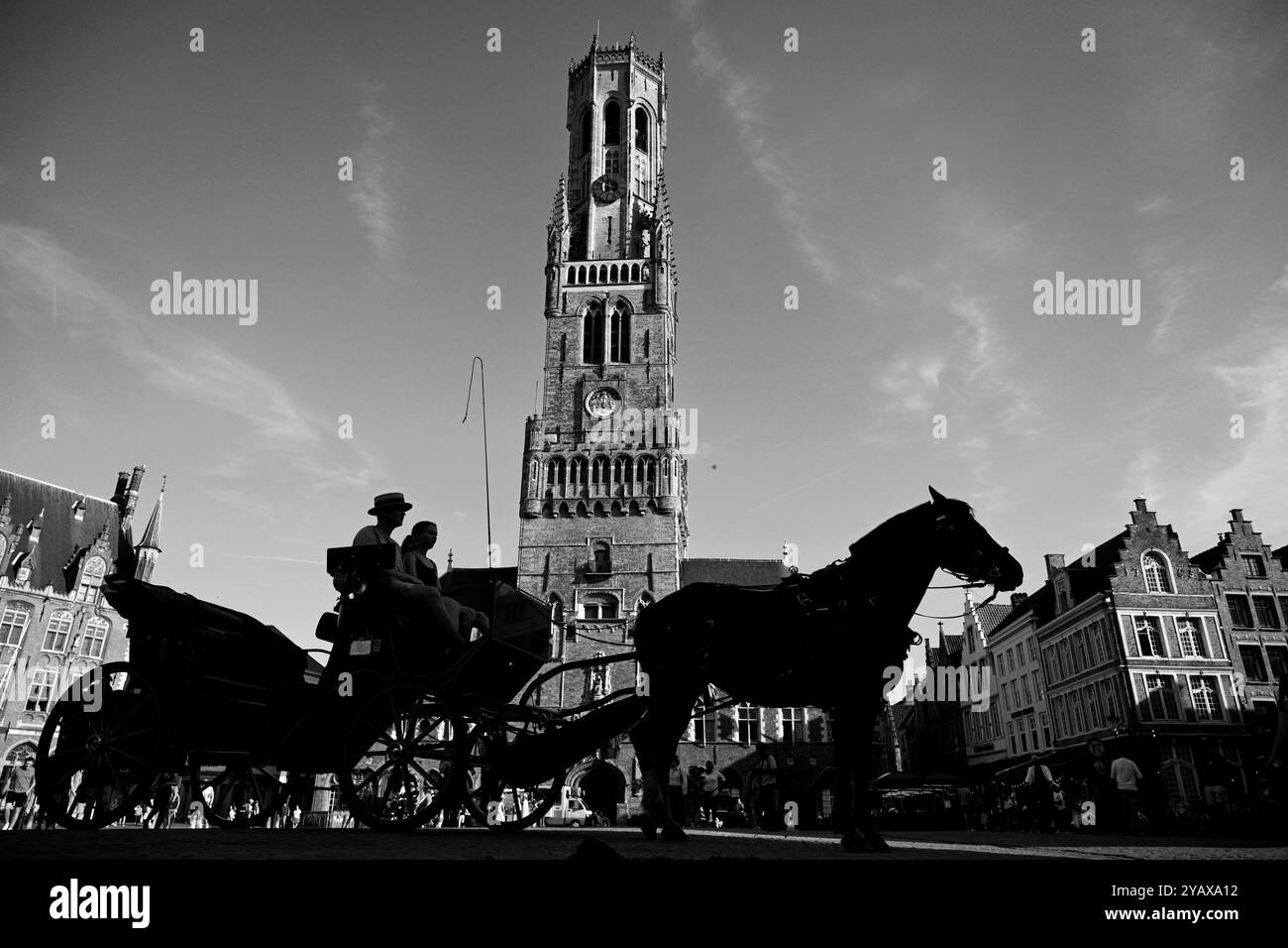 Brügge, Belgien - 28. August 2024: Reisekutsche mit Pferden in der Nähe des Turms Belfort am Marktplatz (Grote Markt) in der Altstadt von Brügge ( Stockfoto